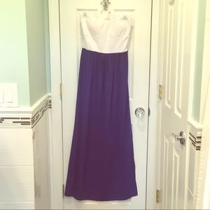 royal blue and white strapless dress w a side slit